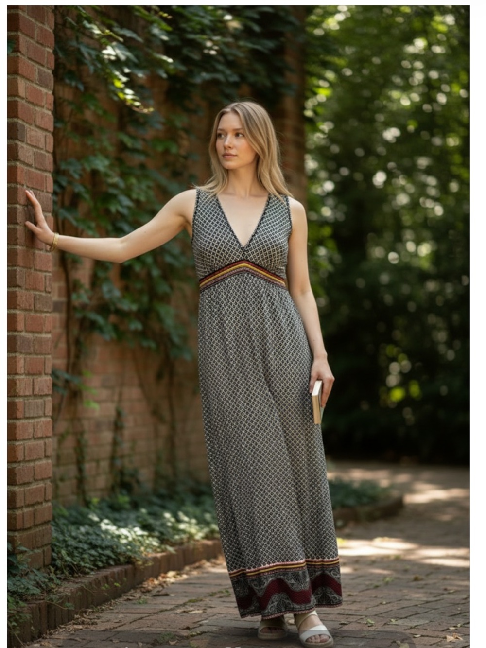 Studio M Black and Cream Sleeveless V-Neck Maxi Dress with Accent Bands